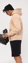 Kapüşonlu İçi Polar Syzygy Yazı Baskılı Bej Oversize Hoodie Sweatshirt