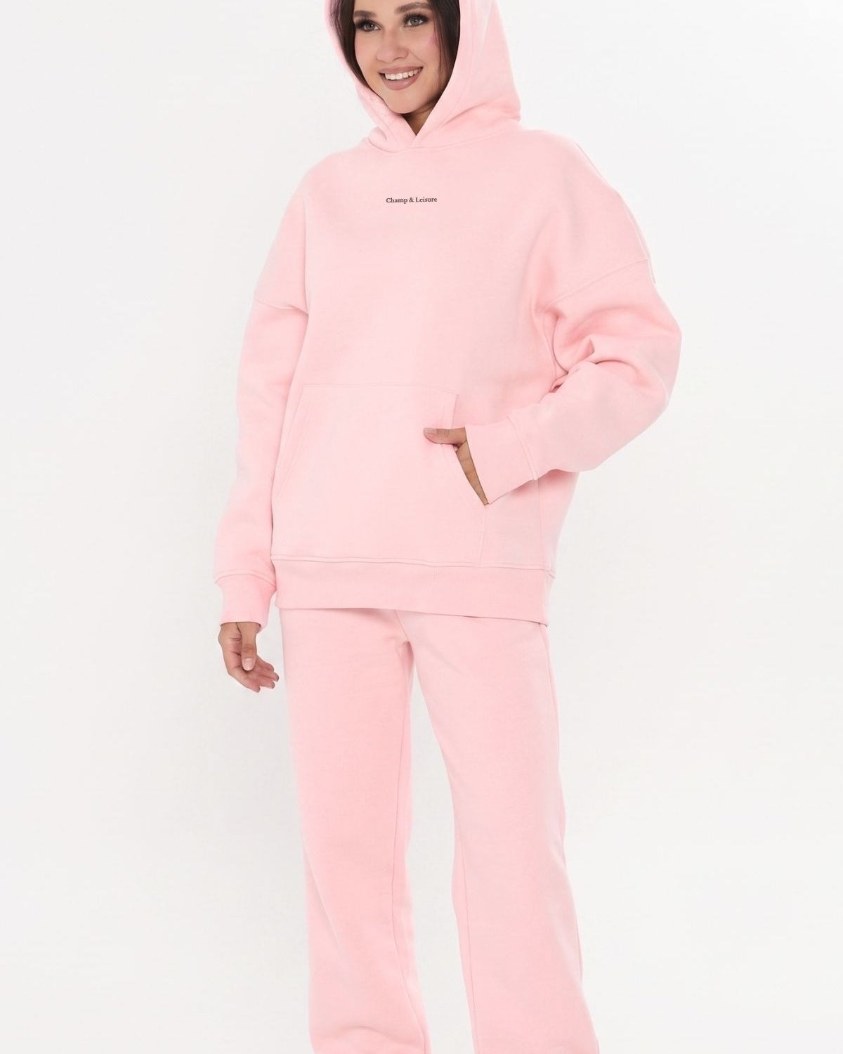 Unisex Oversize Eşofman Takımı Champ & Leisure Baskılı A Pembe–Kapüşonlu Üst, Lastikli Alt