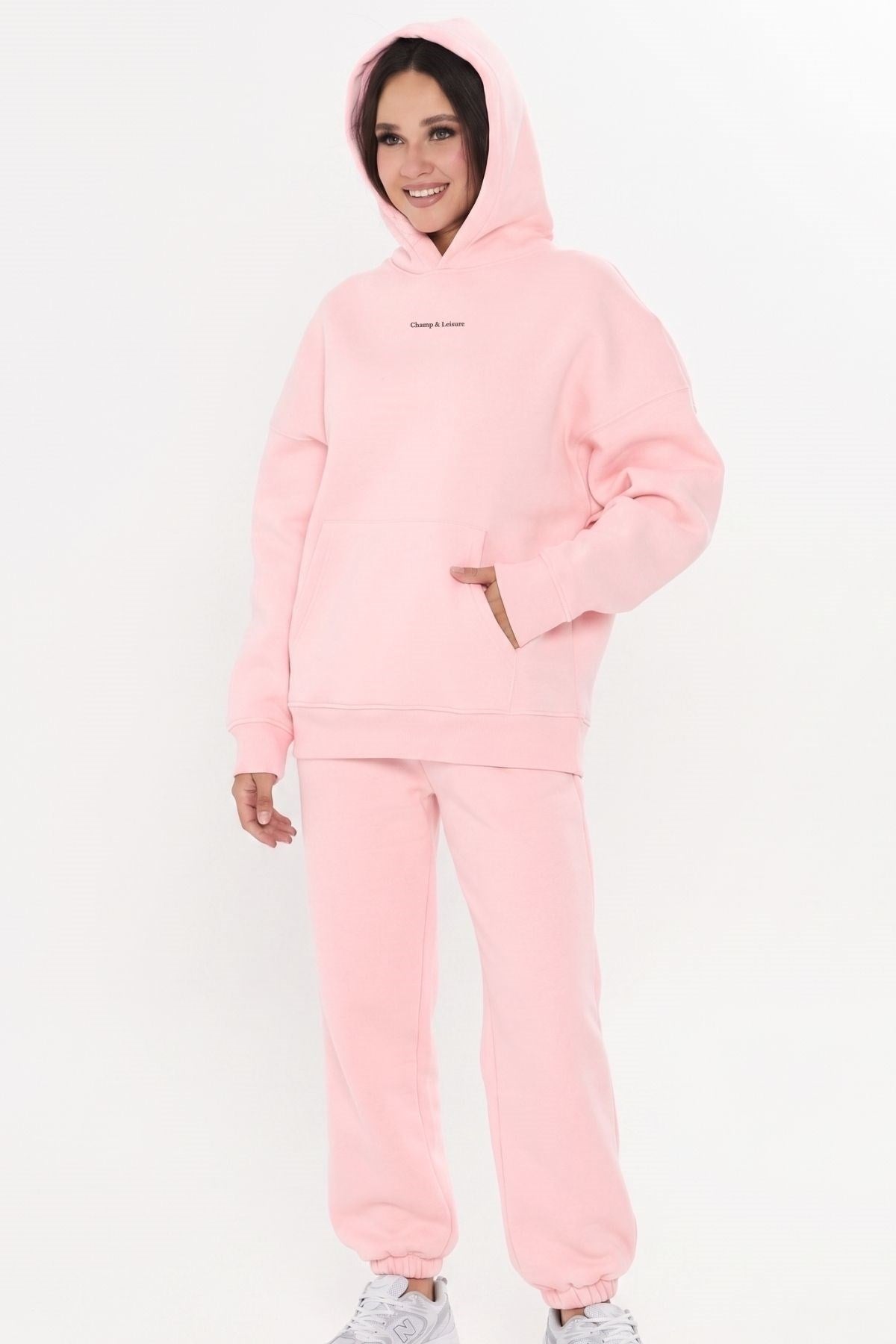 Unisex Oversize Eşofman Takımı Champ & Leisure Baskılı A Pembe–Kapüşonlu Üst, Lastikli Alt