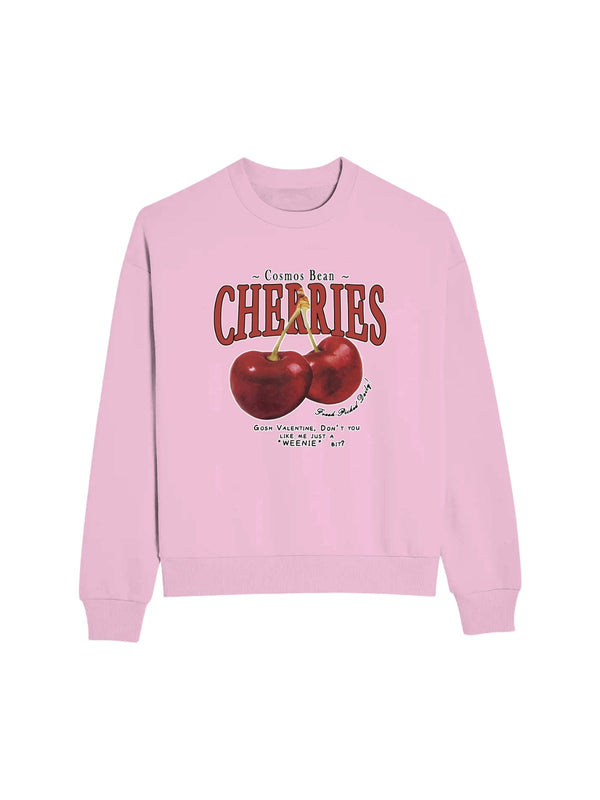 Bisiklet Yaka İçi Polar Cherries Baskılı Pembe Oversize Sweatshirt