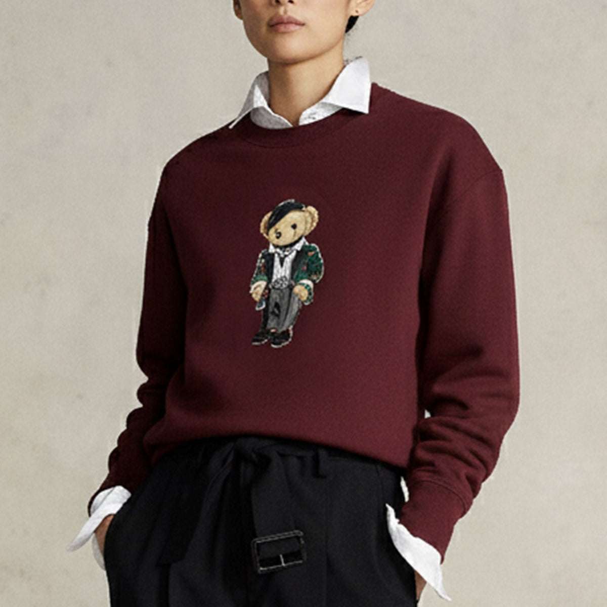 Kadın Oversize Sweatshirt Trench Bear Baskılı Bordo – Bisiklet Yaka, 3 İplik Şardonlu