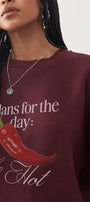 Kadın Oversize Sweatshirt Be Hot Baskılı Bordo – Bisiklet Yaka, 3 İplik Şardonlu Polar