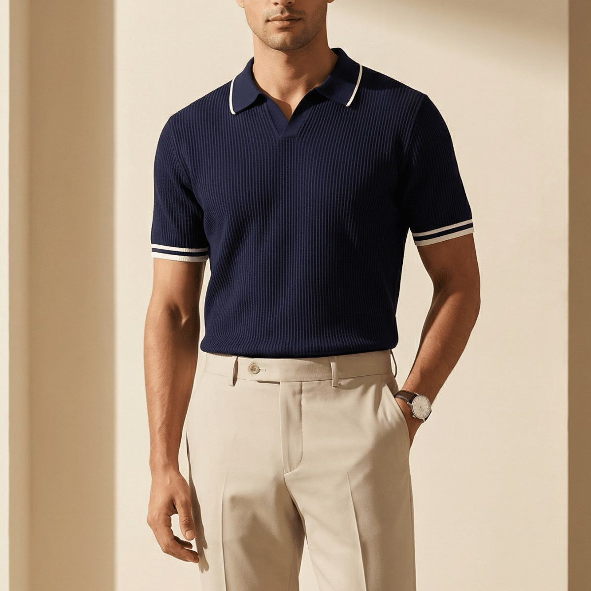 Erkek Fitilli Triko Polo Yaka Tişört Lacivert - Polo Çizgili Yaka, Fit, Yazlık, Örme