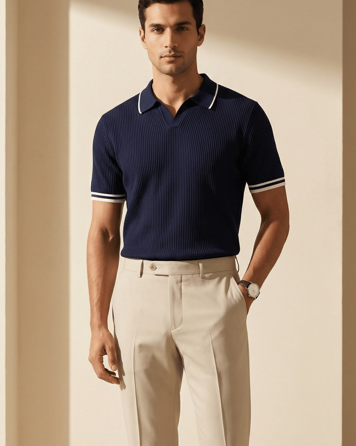 Erkek Fitilli Triko Polo Yaka Tişört Lacivert - Polo Çizgili Yaka, Fit, Yazlık, Örme