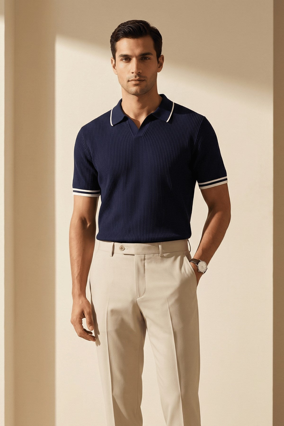 Erkek Fitilli Triko Polo Yaka Tişört Lacivert - Polo Çizgili Yaka, Fit, Yazlık, Örme