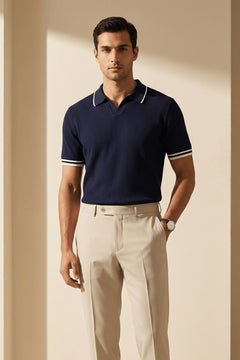 Erkek Fitilli Triko Polo Yaka Tişört Lacivert - Polo Çizgili Yaka, Fit, Yazlık, Örme