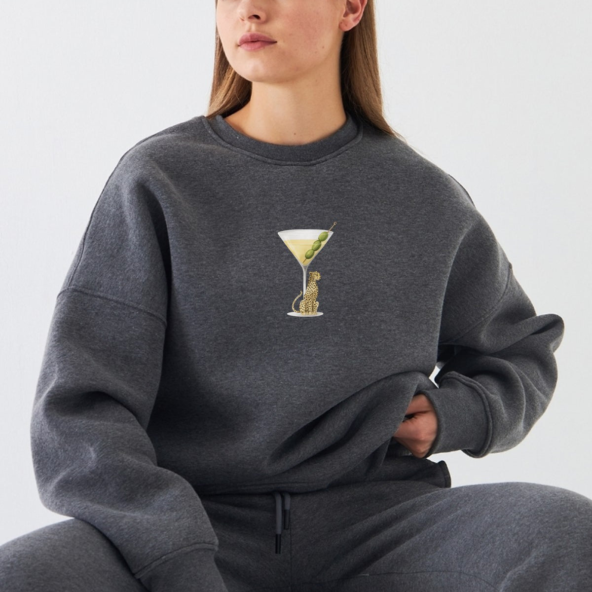 Kadın Oversize Sweatshirt Martini Leopard Baskılı Füme Melanj – Bisiklet Yaka, 3 İplik Polar