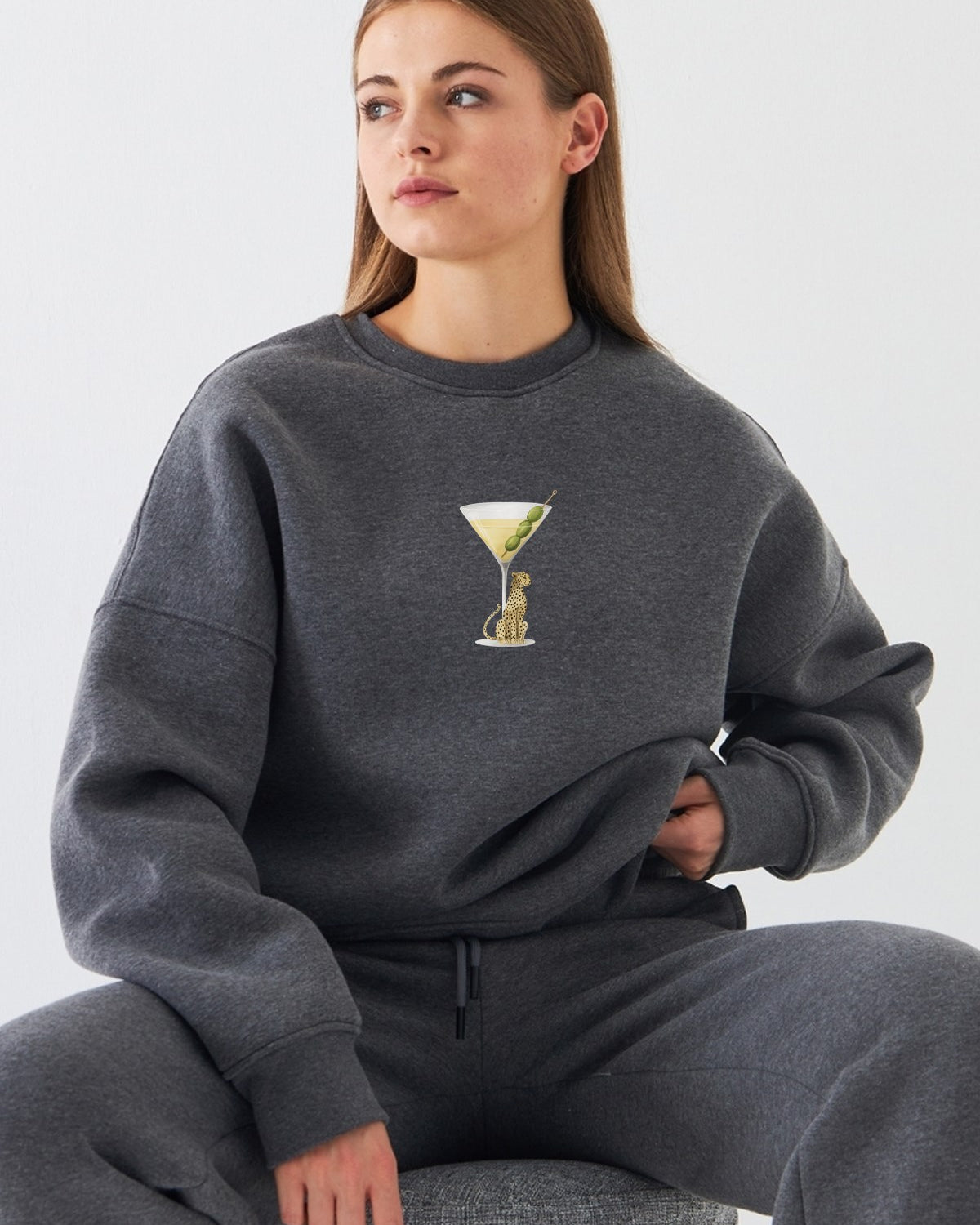 Kadın Oversize Sweatshirt Martini Leopard Baskılı Füme Melanj – Bisiklet Yaka, 3 İplik Polar