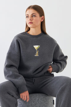 Kadın Oversize Sweatshirt Martini Leopard Baskılı Füme Melanj – Bisiklet Yaka, 3 İplik Polar