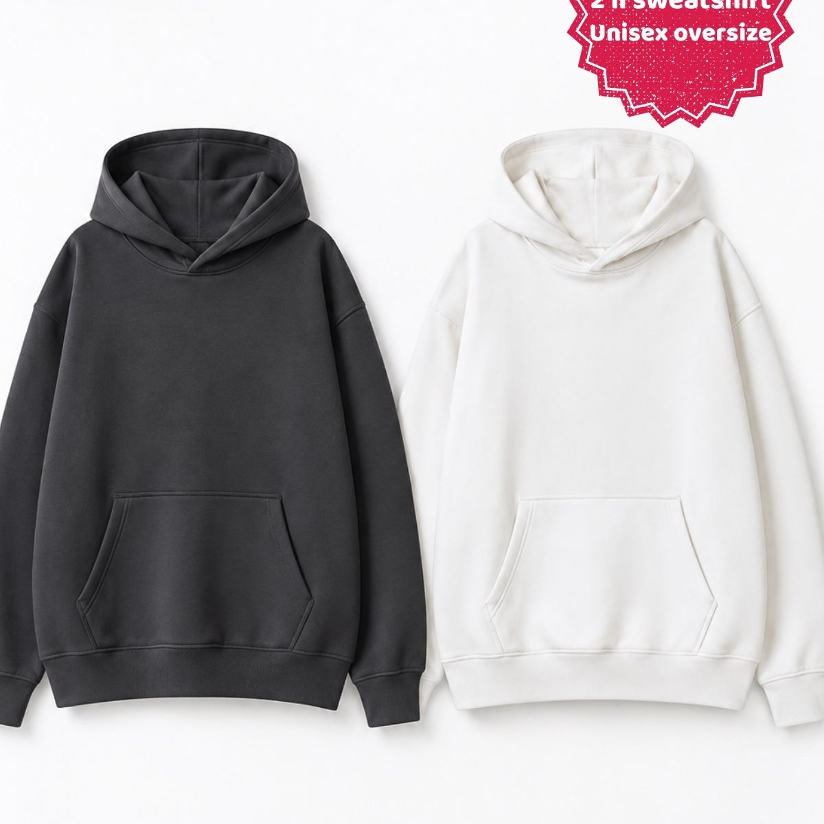 Unisex 2’li Oversize Basic Hoodie Beyaz & Füme – Kapüşonlu, Cepli, 3 İplik Şardonlu Polar