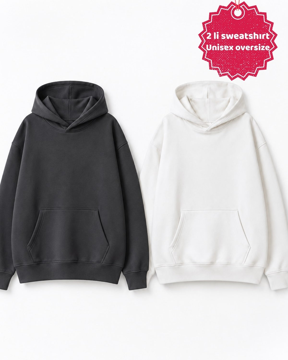 Unisex 2’li Oversize Basic Hoodie Beyaz & Füme – Kapüşonlu, Cepli, 3 İplik Şardonlu Polar