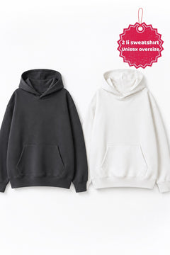 Unisex 2’li Oversize Basic Hoodie Beyaz & Füme – Kapüşonlu, Cepli, 3 İplik Şardonlu Polar