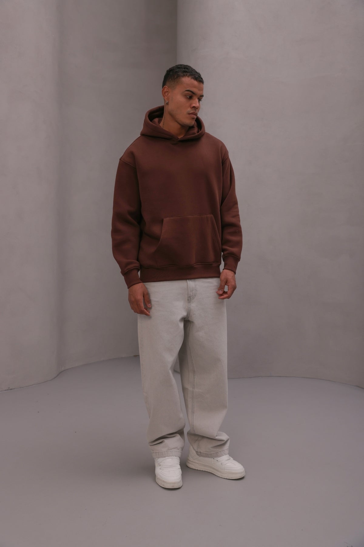 Erkek Oversize Sweatshirt Hoodie Basic Kahverengi – Kapüşonlu, 3 İplik , Kanguru Cepli