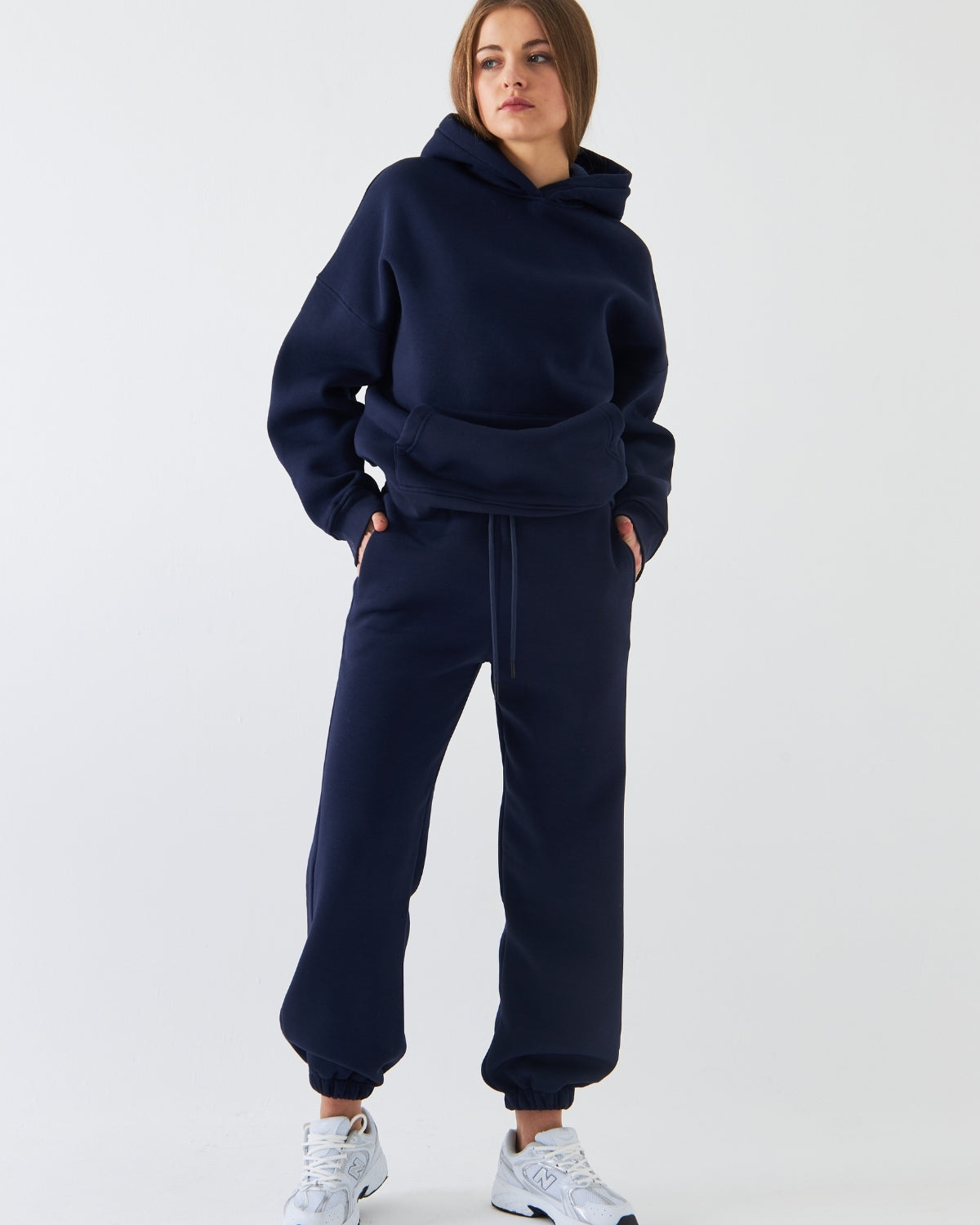 Oversize Unisex Eşofman Takımı Lacivert – Basic, 3 İplik Polar; Kapüşonlu Üst, Lastikli Alt