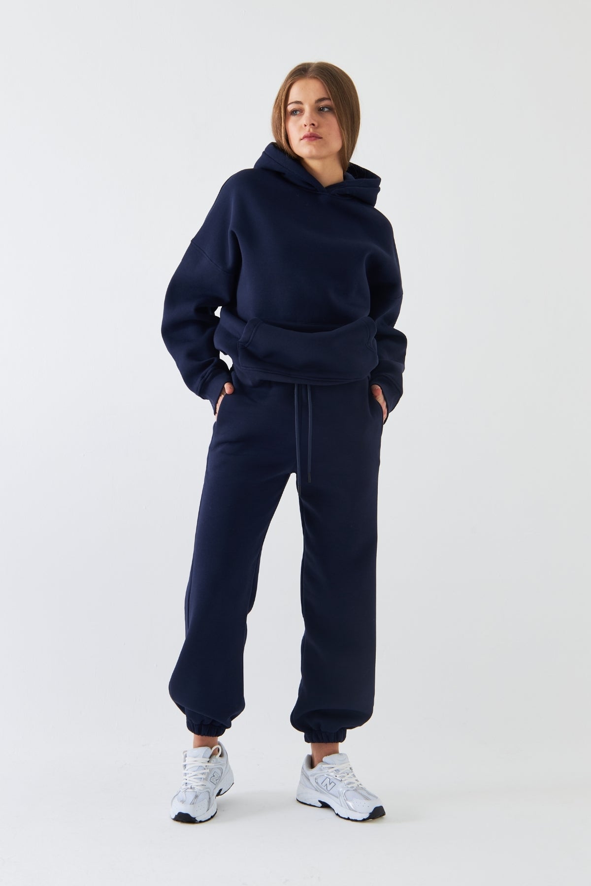 Oversize Unisex Eşofman Takımı Lacivert – Basic, 3 İplik Polar; Kapüşonlu Üst, Lastikli Alt