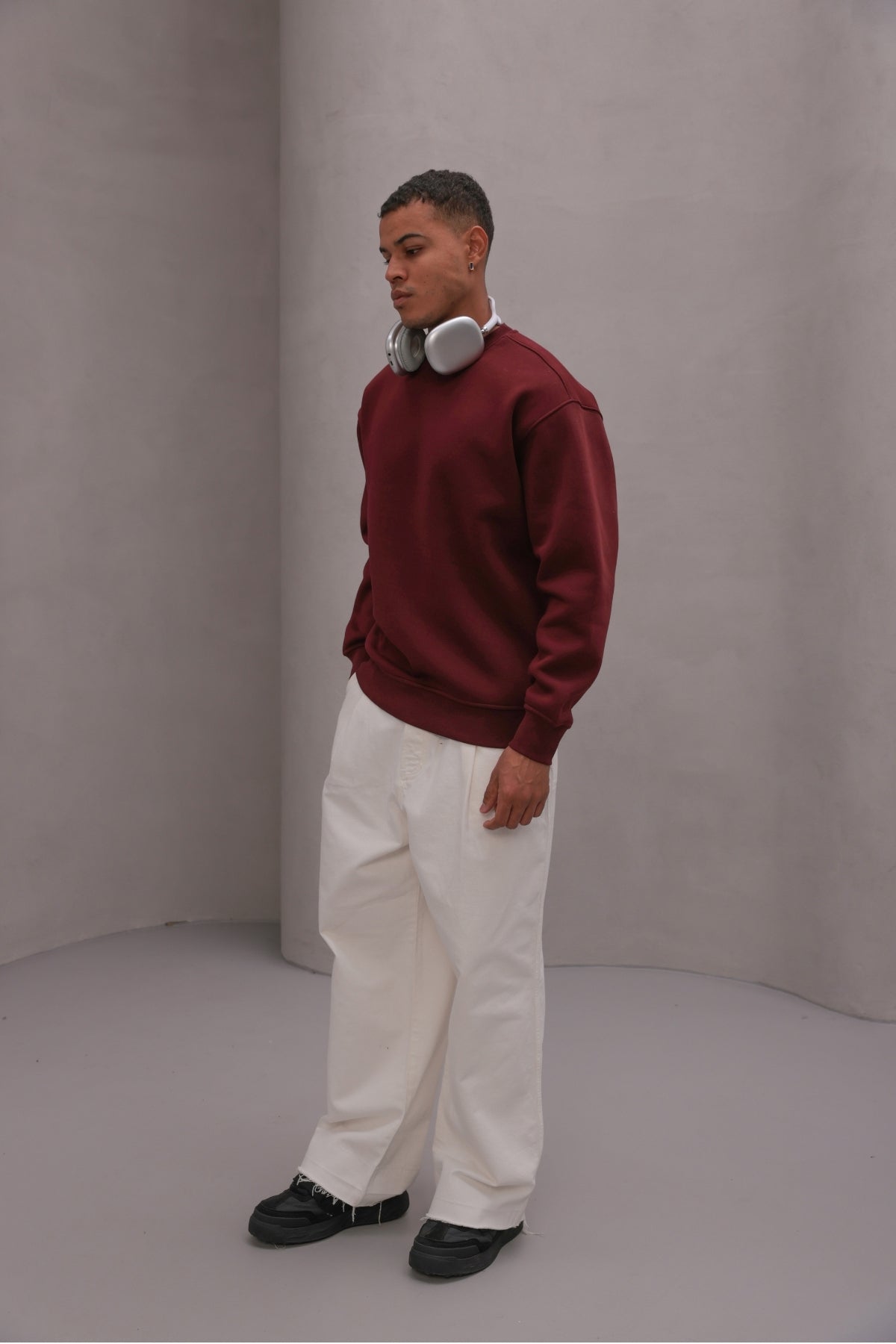 Erkek Oversize Sweatshirt Basic Bordo – Bisiklet Yaka, 3 İplik Şardonlu Polar