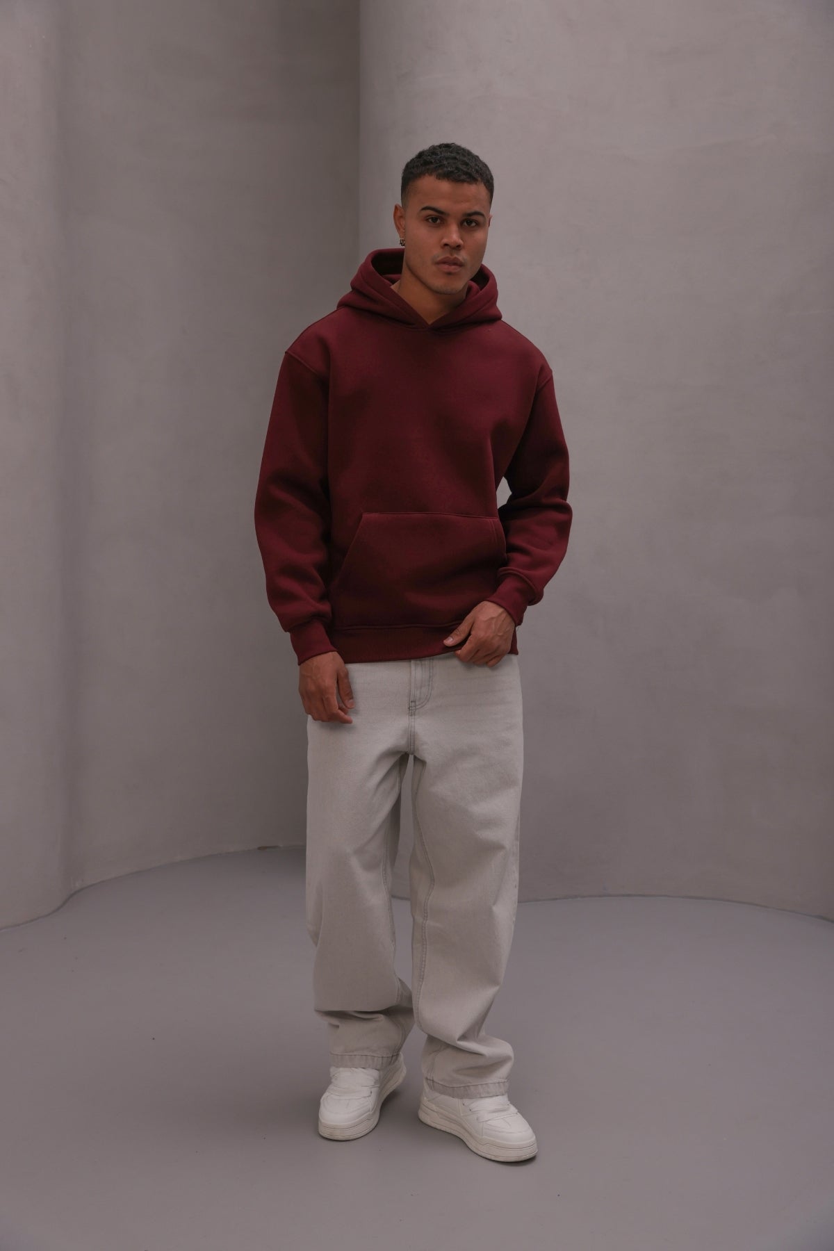 Erkek Oversize Sweatshirt Hoodie Basic Bordo – Kapüşonlu, 3 İplik Polar, Kanguru Cepli