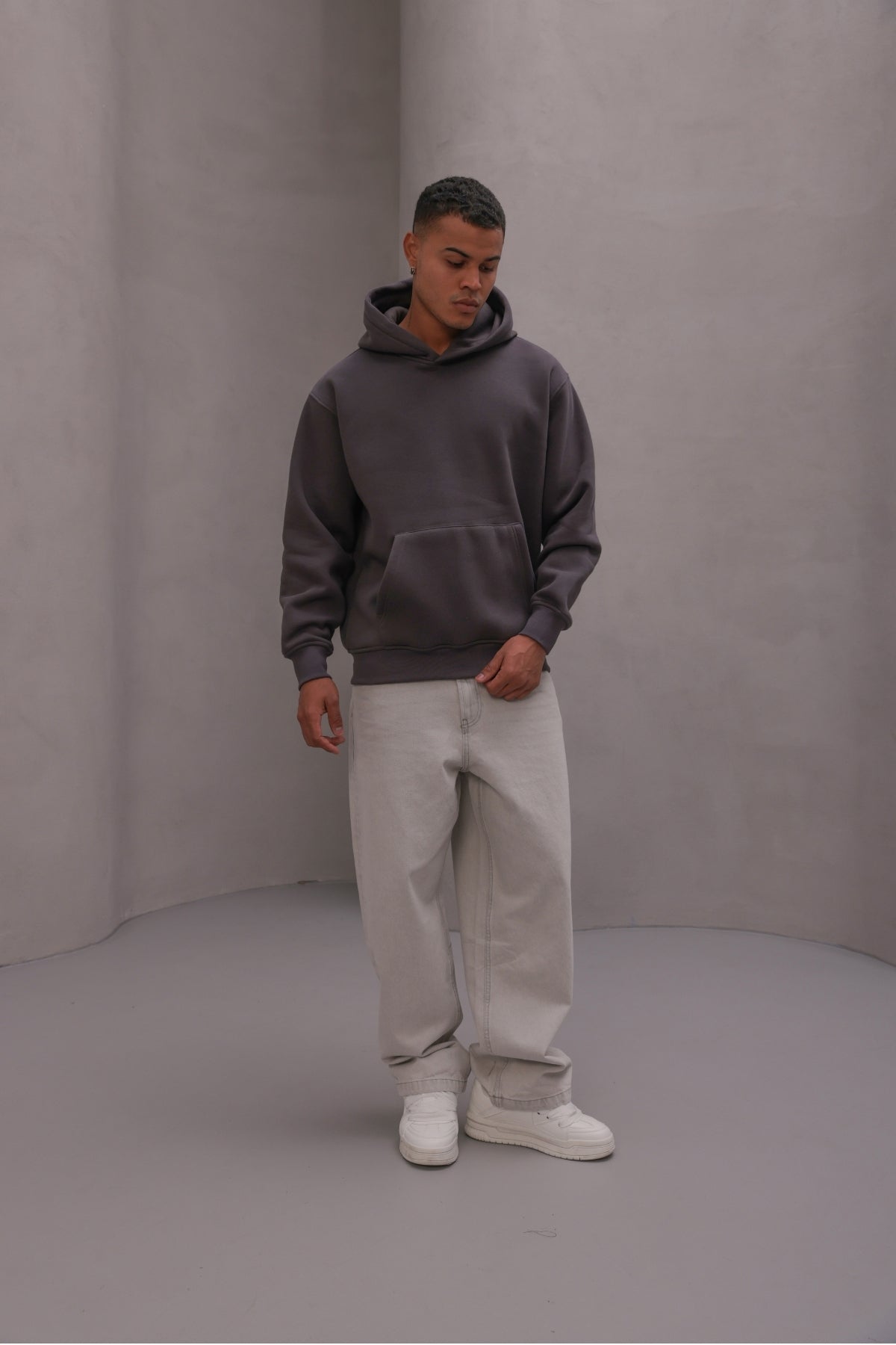 Erkek Oversize Sweatshirt Hoodie Basic Füme – Kapüşonlu, 3 İplik Polar, Kanguru Cepli