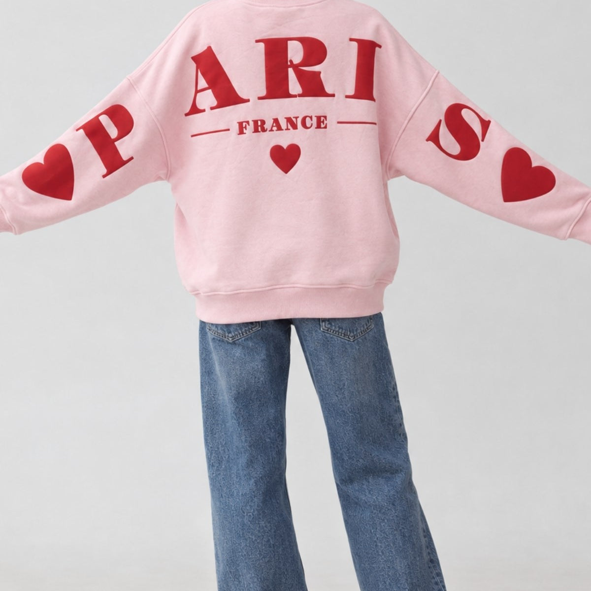 Kadın Oversize Sweatshirt Paris 3D Baskılı Pembe – Bisiklet Yaka, Kol ve Sırt Baskılı, 3 İplik