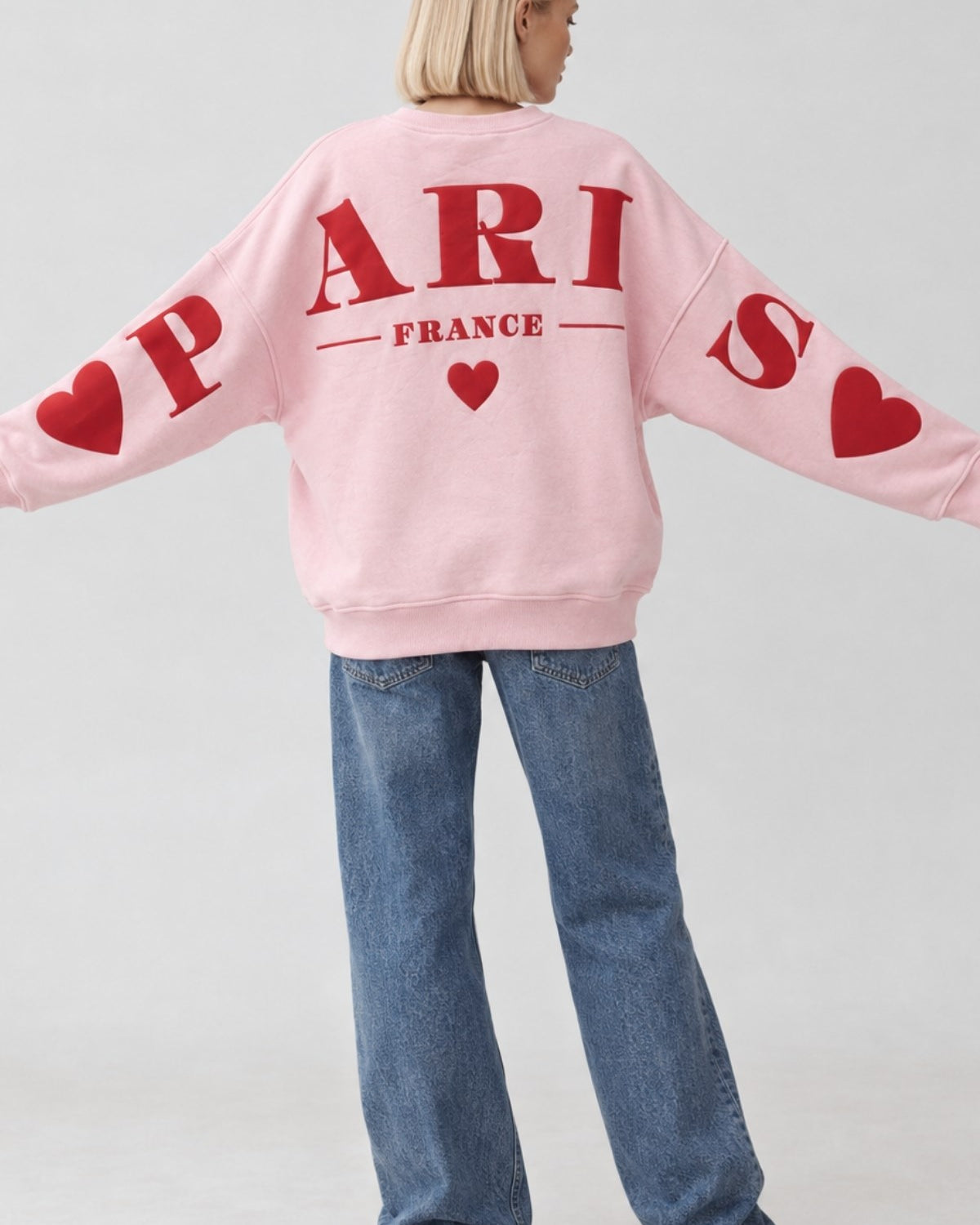 Kadın Oversize Sweatshirt Paris 3D Baskılı Pembe – Bisiklet Yaka, Kol ve Sırt Baskılı, 3 İplik