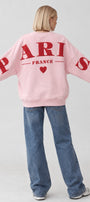 Kadın Oversize Sweatshirt Paris 3D Baskılı Pembe – Bisiklet Yaka, Kol ve Sırt Baskılı, 3 İplik