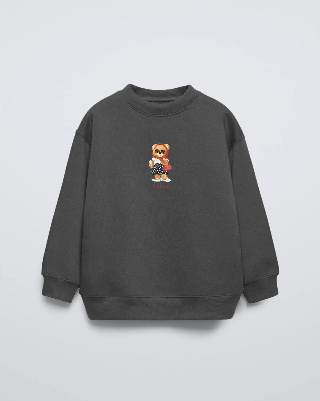 Füme Bisiklet Yaka Retro Fashion Yazılı Puantiyeli Ayıcık Baskılı Oversize Çocuk Sweatshirt
