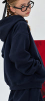 Kız Çocuk Oversize Basic Hoodie Sweatshirt Lacivert – Kapüşonlu, Kanguru Cepli, 3 İplik Polar
