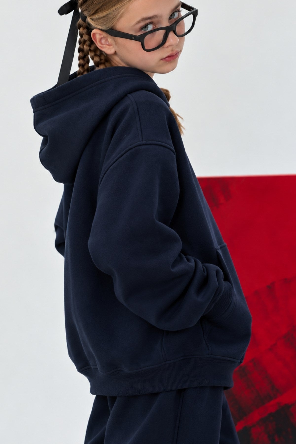 Kız Çocuk Oversize Basic Hoodie Sweatshirt Lacivert – Kapüşonlu, Kanguru Cepli, 3 İplik Polar