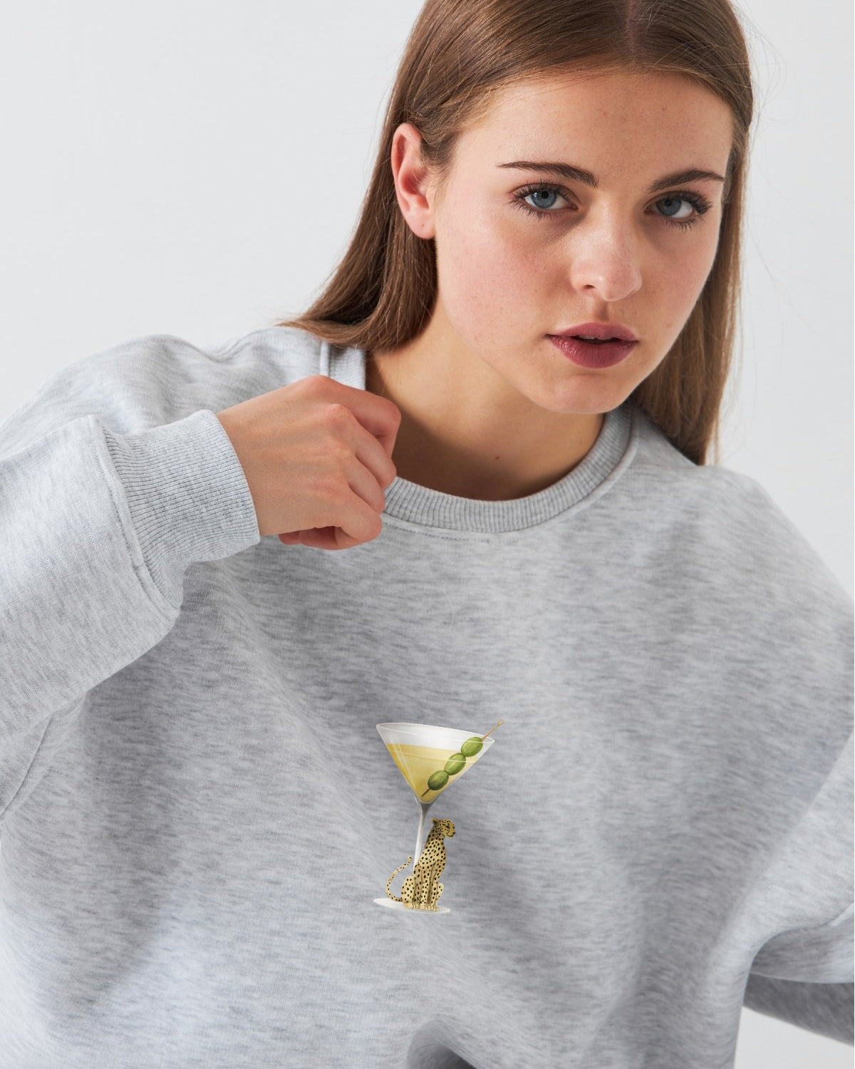 Kadın Oversize Sweatshirt Martini Leopard Baskılı Gri Melanj – Bisiklet Yaka, 3 İplik Şardonlu Polar