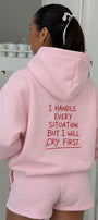 Kadın Oversize Hoodie Cry First Baskılı Pembe – Kapüşonlu, Kanguru Cepli, 3 İplik Şardonlu Polar