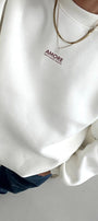 Kadın Oversize Sweatshirt AMORE Beyaz – Bisiklet Yaka, 3 İplik Şardounlu Polar