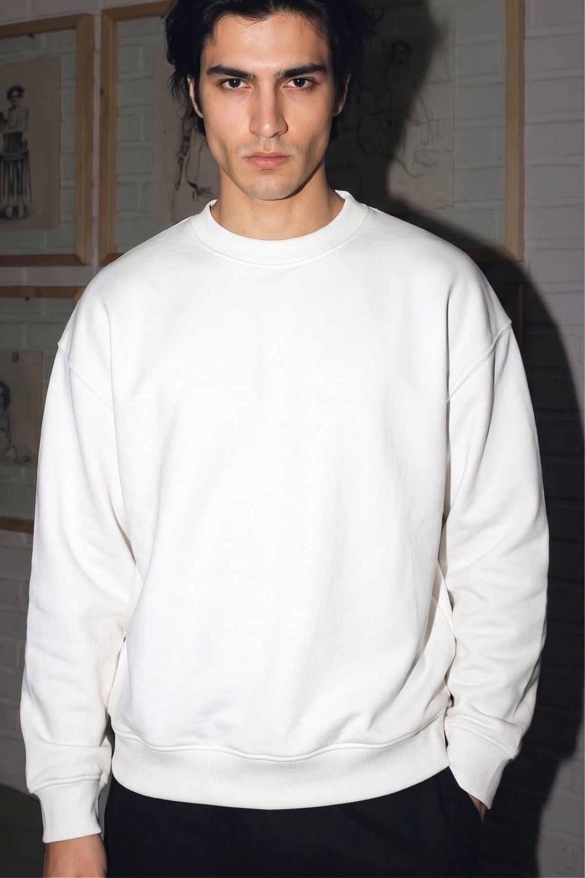 Erkek Oversize Sweatshirt Heron Line Baskılı Beyaz – Bisiklet Yaka, 3 İplik Şardonlu Polar
