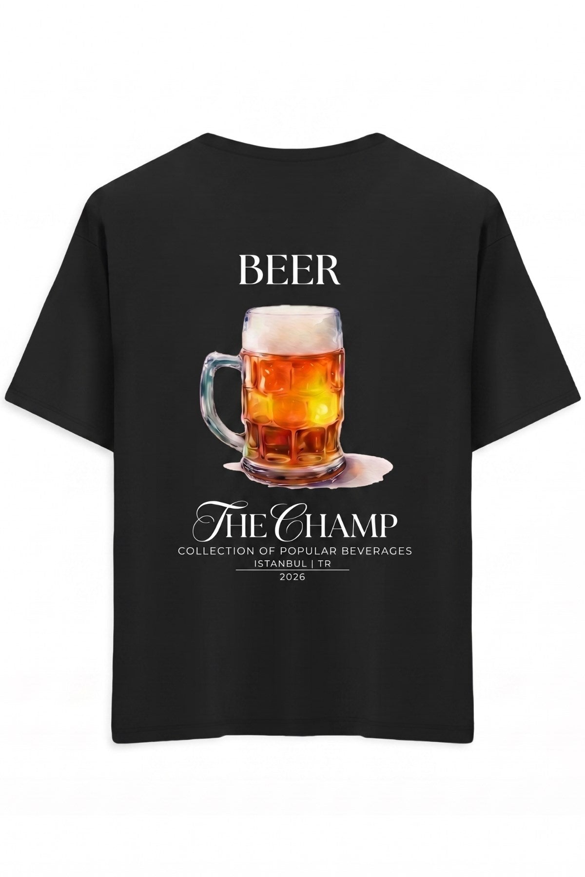 Unisex Oversize Tişört BEER Baskılı Siyah – Bisiklet Yaka, Rahat Kalıp, %100 Pamuk