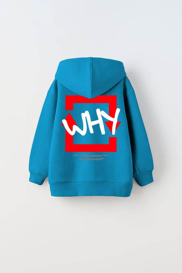 Kapüşonlu İçi Polar Why Baskılı Mavi Unisex Çocuk Hoodie Sweatshirt