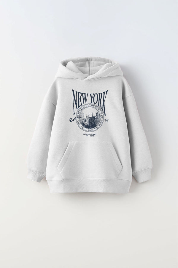  Kapüşonlu İçi Polar New York Yazı Baskılı Beyaz Unisex Çocuk Hoodie Sweatshirt