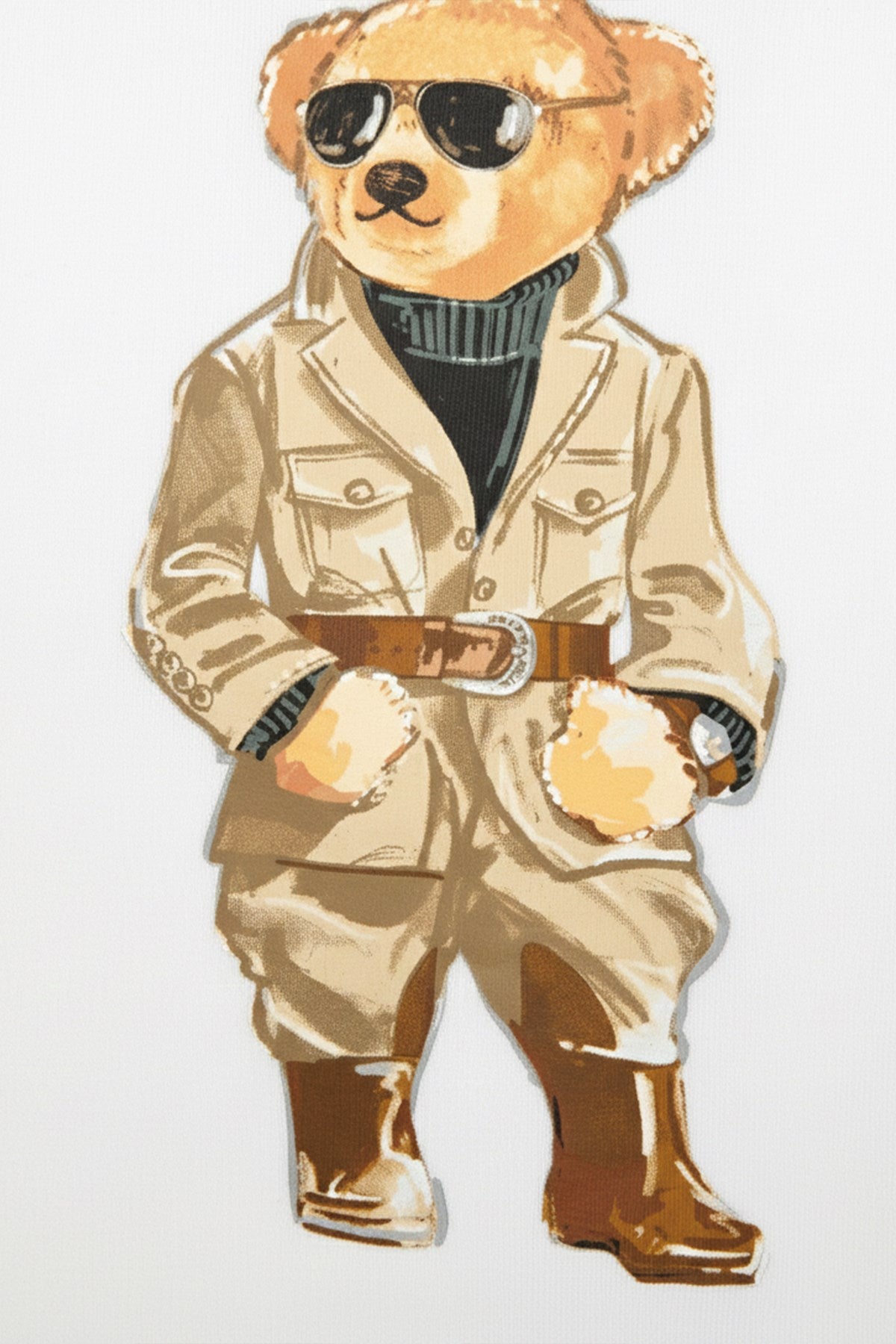 Kadın Oversize Sweatshirt Trench Bear Baskılı Beyaz – Bisiklet Yaka, 3 İplik Şardonlu