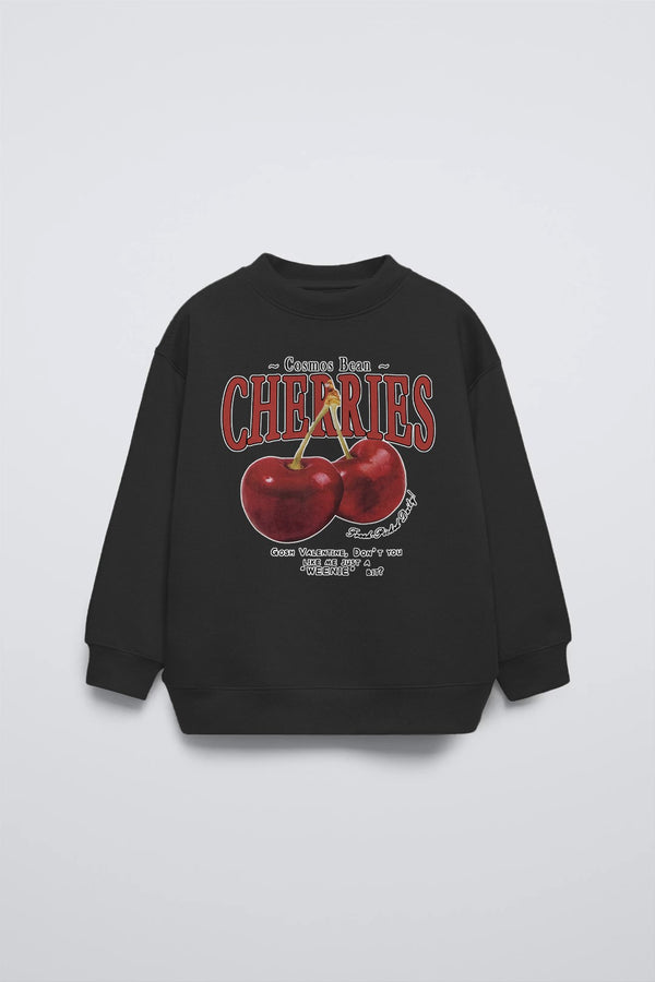 Siyah Çocuk Cherries Baskılı Bisiklet Yaka Basic Sweatshirt