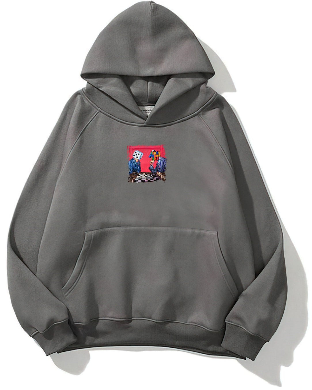 Kapüşonlu İçi Polar Satranç Baskılı Füme Unisex Oversize Hoodie Sweatshirt