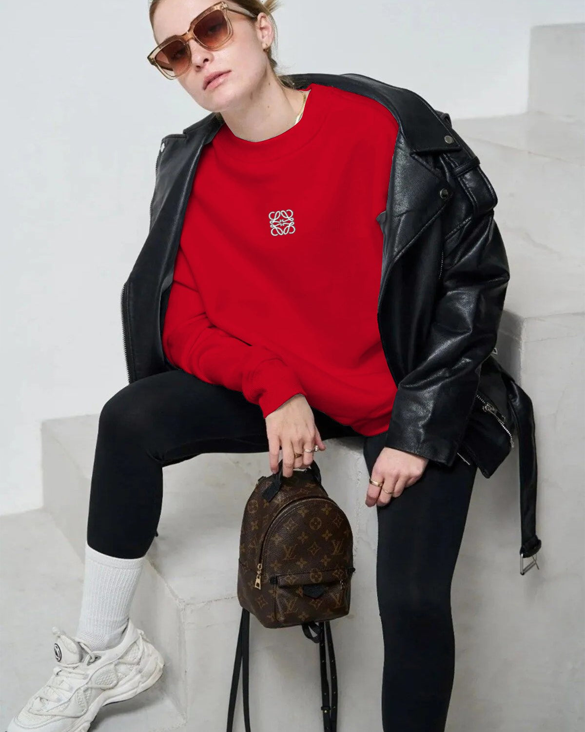Kırmızı Unisex Loewe Yüksek Baskı Bisiklet Yaka Oversize Sweatshirt