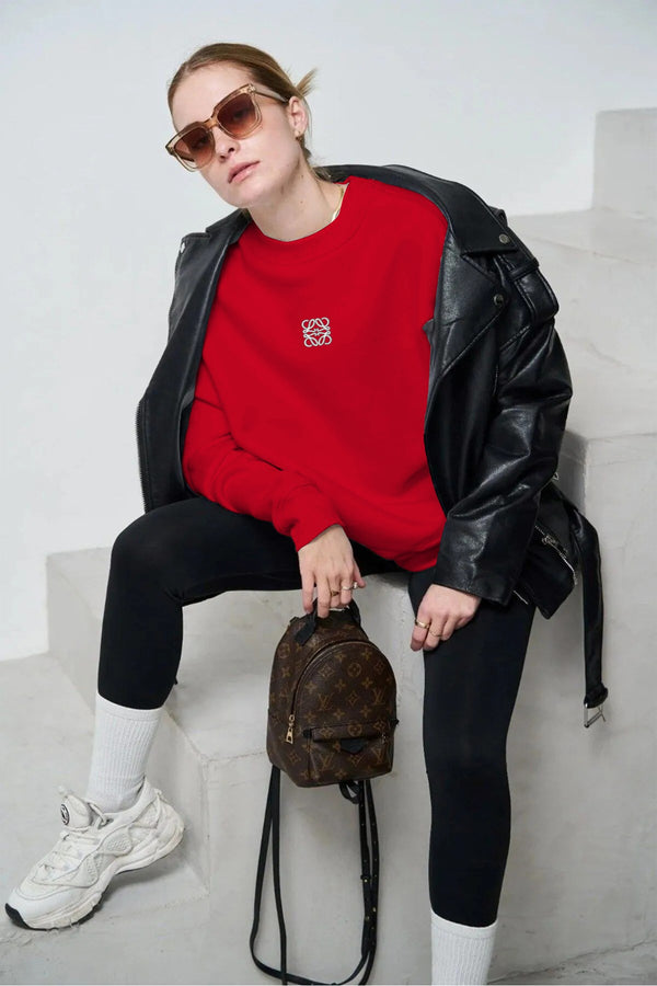 Kırmızı Unisex Loewe Yüksek Baskı Bisiklet Yaka Oversize Sweatshirt