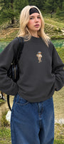 Kadın Relaxed Fit Sweatshirt Coffee Bear Baskılı Füme – Bisiklet Yaka, 3 İplik Şardonsuz, Düşük Omuz
