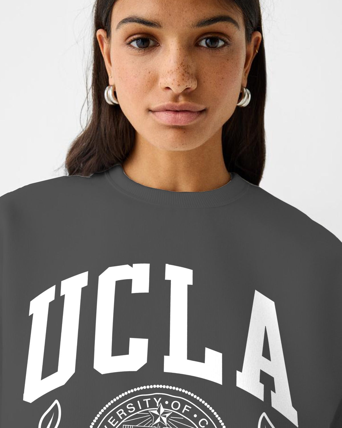 Ucla Yazı Baskılı Bisiklet Yaka İçi Polar Oversize Kesim Unisex Füme Sweatshirt