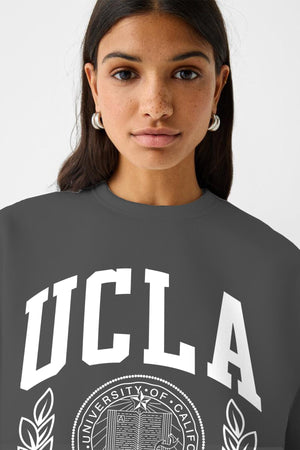 Ucla Yazı Baskılı Bisiklet Yaka İçi Polar Oversize Kesim Unisex Füme Sweatshirt