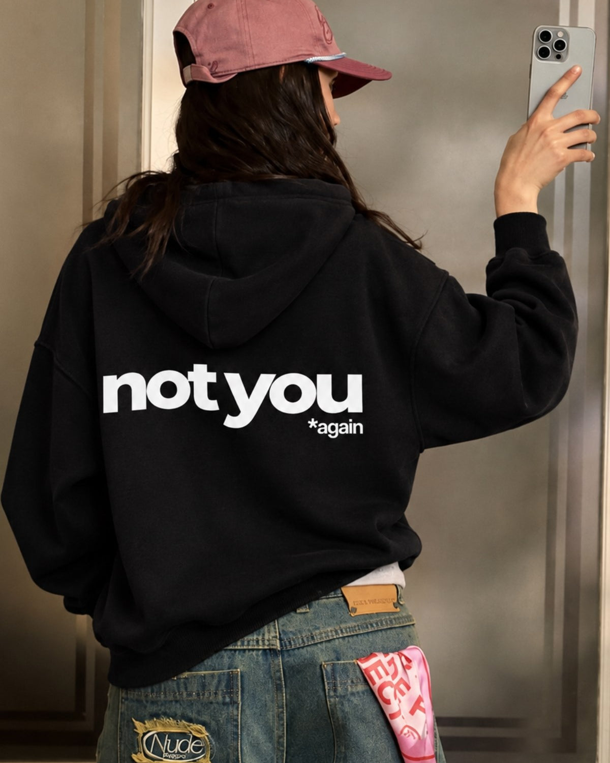 Unisex Oversize Hoodie Not You Again Baskılı Siyah – Kapüşonlu, Kanguru Cepli, 3 İplik Şardonlu 