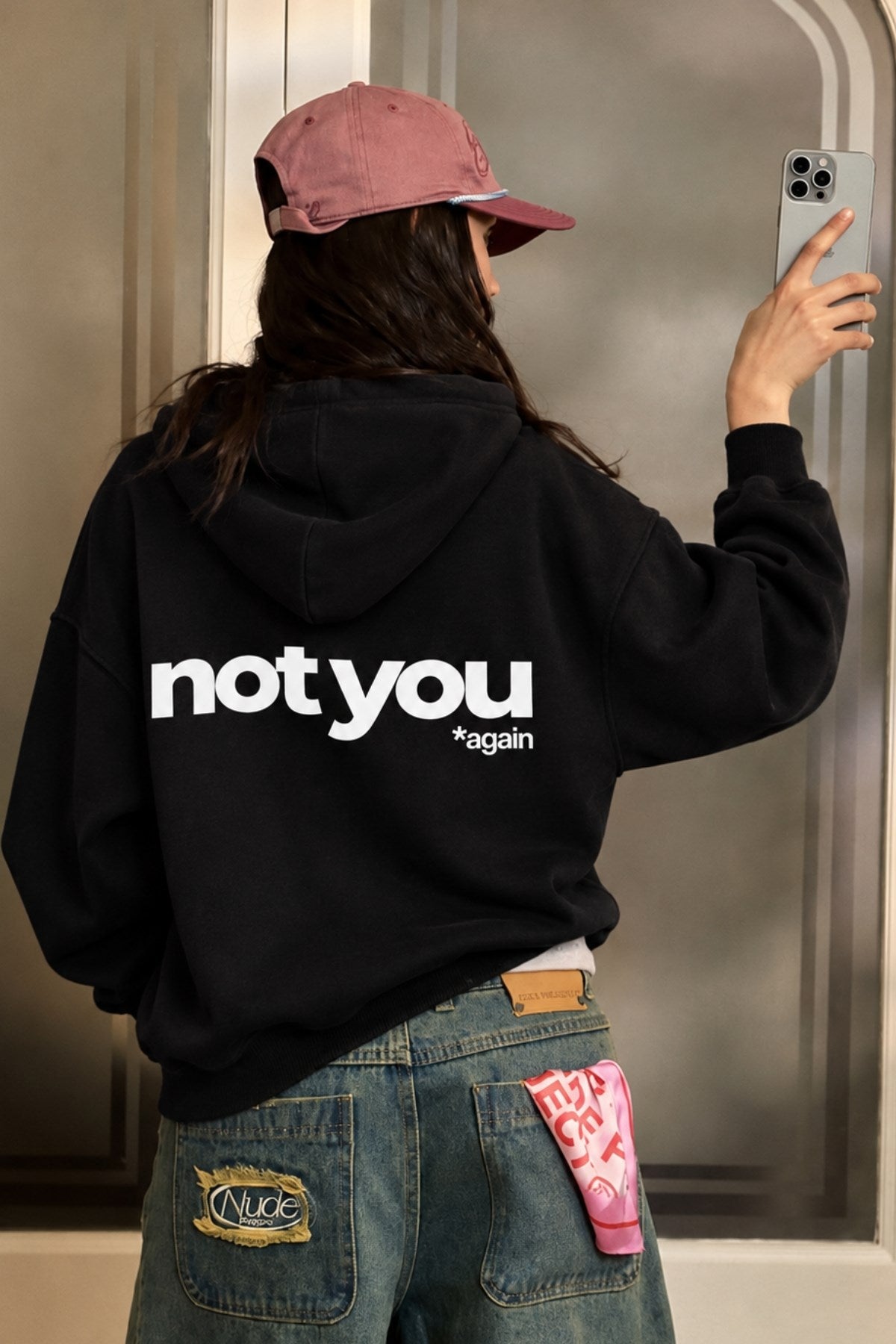 Unisex Oversize Hoodie Not You Again Baskılı Siyah – Kapüşonlu, Kanguru Cepli, 3 İplik Şardonlu 