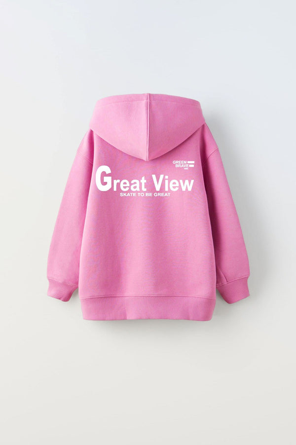 Kapüşonlu İçi Polar Great View Yazı Baskılı Pembe Unisex Çocuk Hoodie Sweatshirt