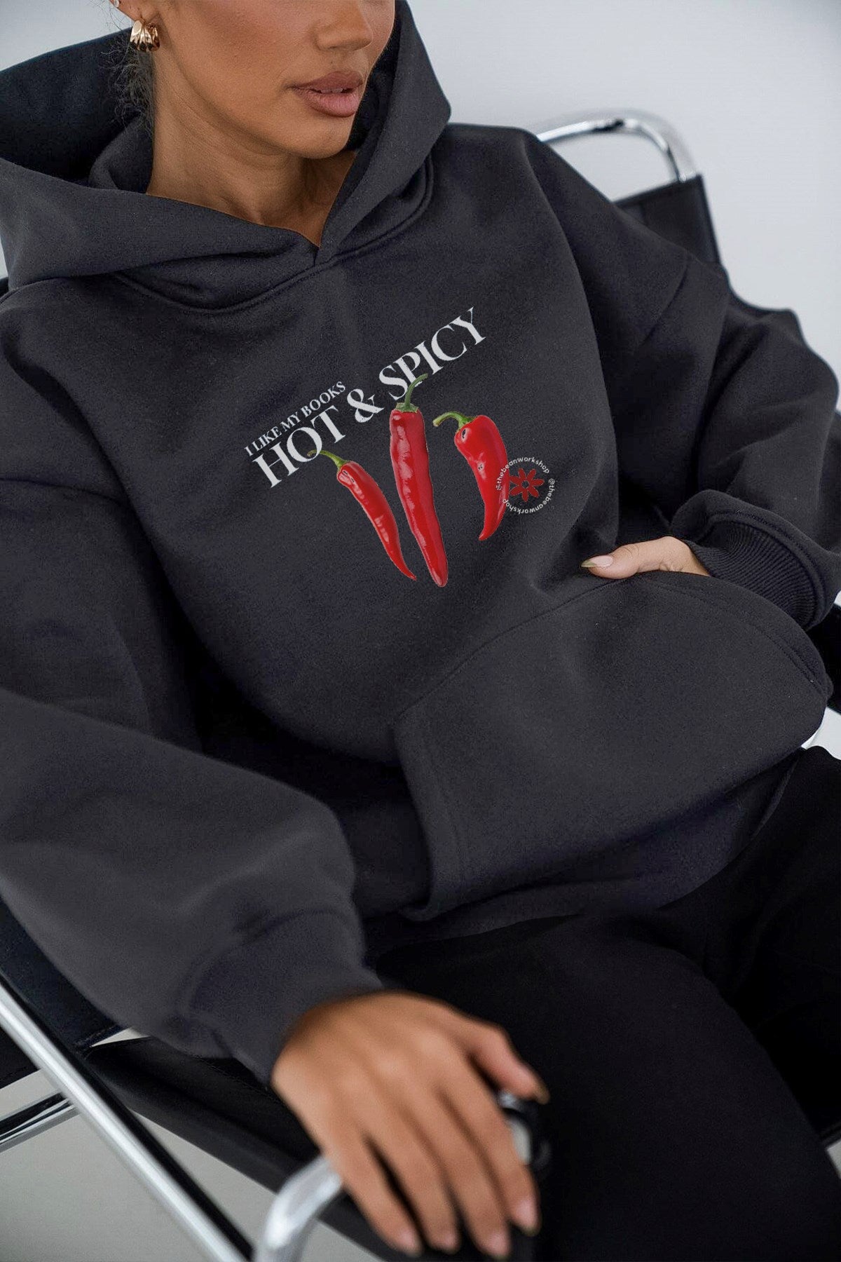 Kadın Oversize Sweatshirt Hoodie Hot & Spicy Baskılı Füme – Kapüşonlu, 3 İplik Şardonlu Polar