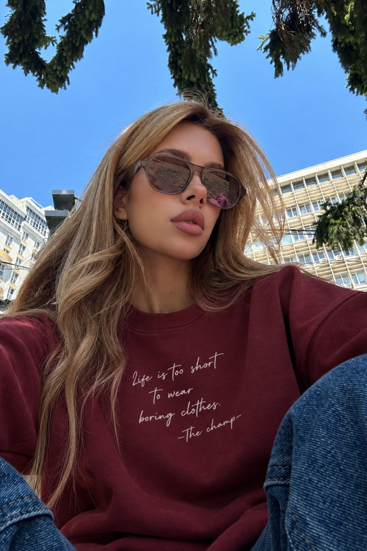 Kadın Relaxed Fit Sweatshirt Life Is Too Short Baskılı Bordo – Bisiklet Yaka, 3 İplik Şardonsuz