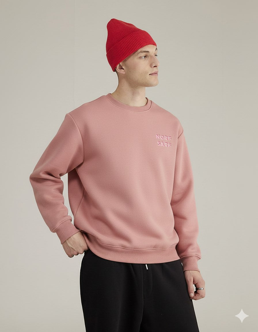 Unisex Oversize Sweatshirt Norf Sarf Harita Baskılı Pembe – Bisiklet Yaka, 3 İplik Şardonlu Polar