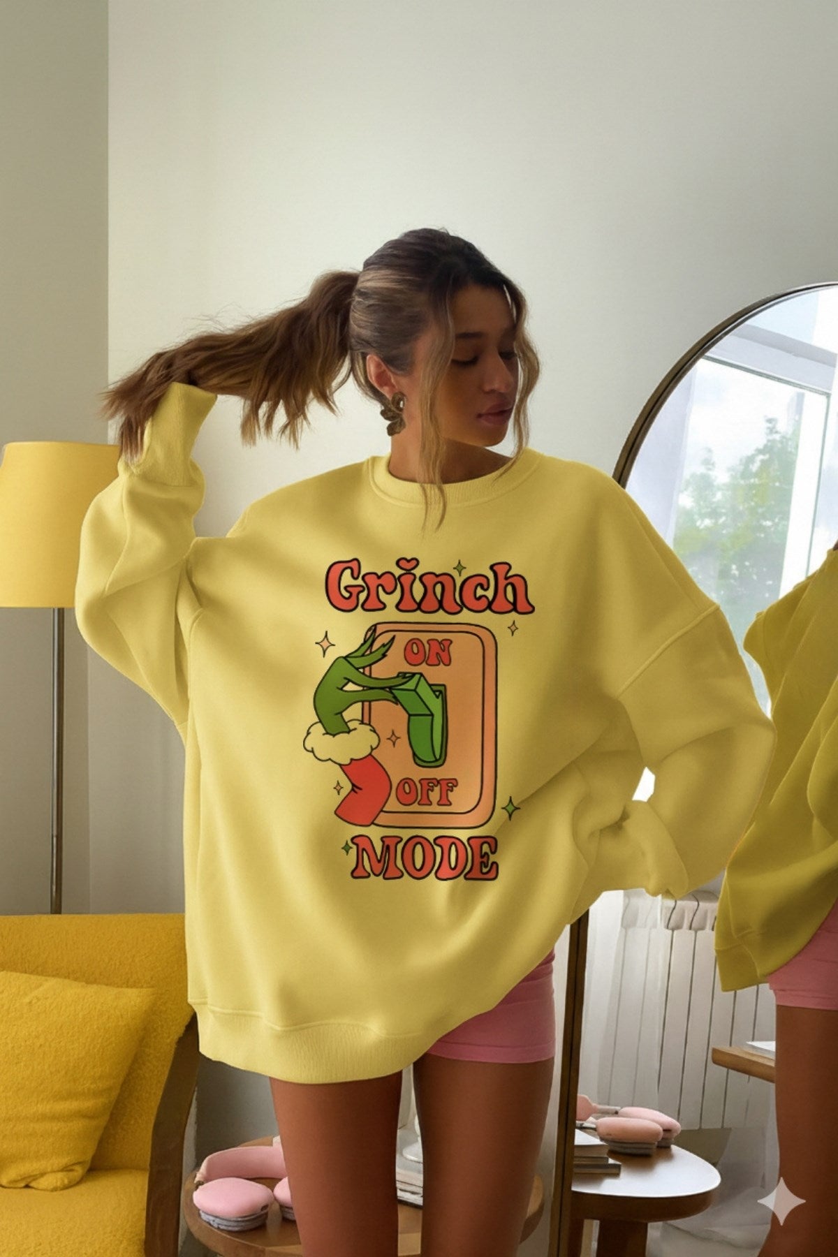 Kadın Oversize Sweatshirt Elbise Grinch Mode Baskılı Sarı – Bisiklet Yaka, 3 İplik Şardonlu Polar